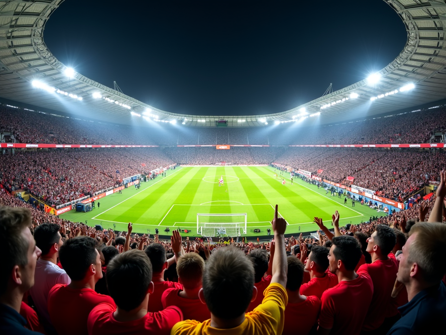 Ein Panoramablick auf ein volles Bundesligastadion bei Nacht, mit Fans in leuchtenden Teamfarben, die lautstark jubeln. Das Spielfeld ist beleuchtet, und man sieht die Spieler in Richtung Tor sprinten, was die Intensität und Spannung der Liga einfängt.