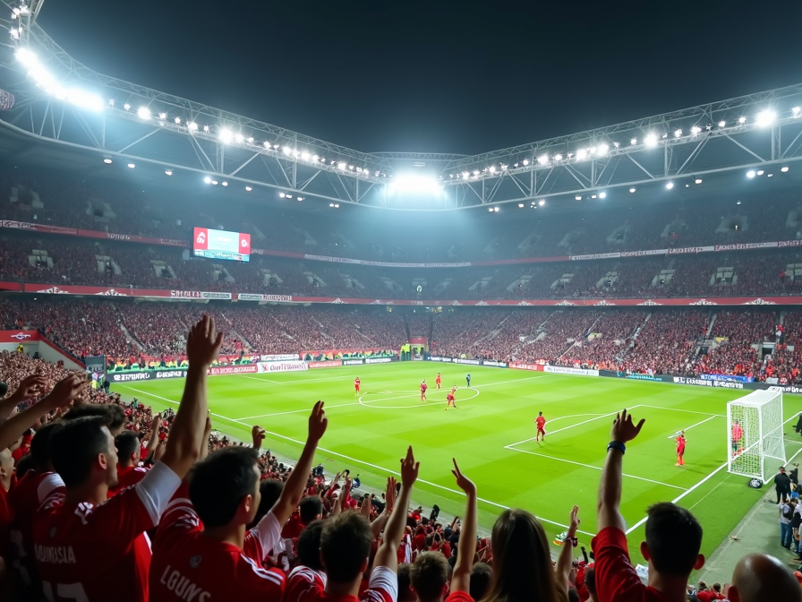 Eine lebhafte Szene von einem Bundesligaspiel, bei dem die Fans in roten und weißen Trikots auf der Tribüne leidenschaftlich jubeln. Das Spielfeld wird von Flutlicht beleuchtet, und ein Spieler steht kurz vor einem Schuss, den der Torwart mit einem Hechtsprung abwehrt. Die Atmosphäre ist elektrisierend und fängt die Aufregung und Intensität der Liga ein.