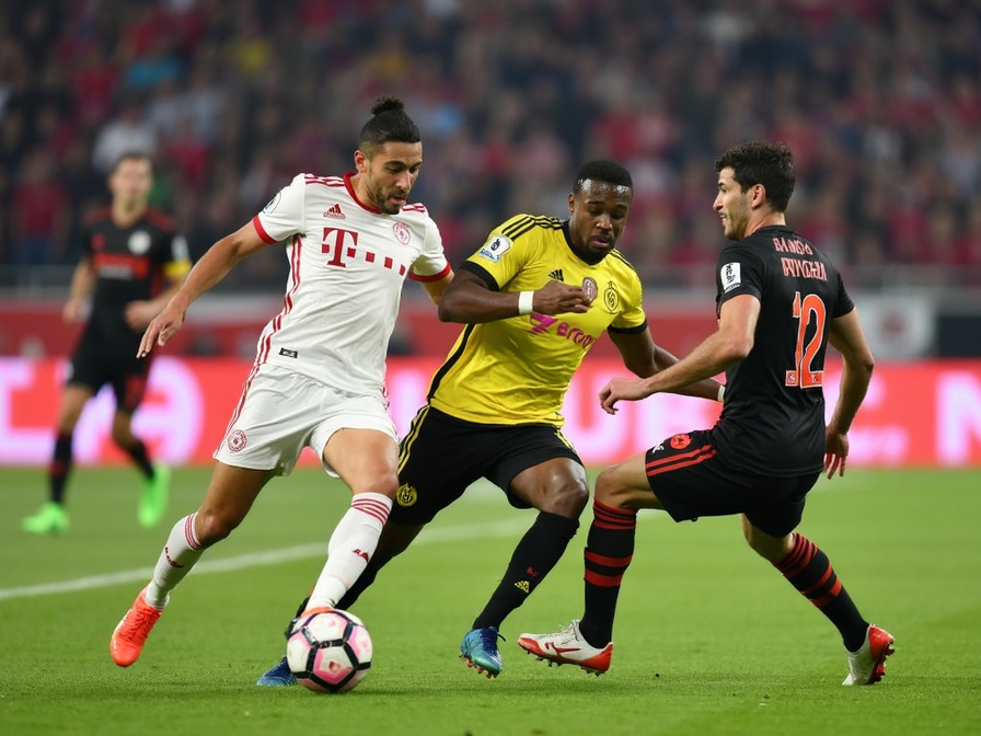 Eine dynamische Szene mit drei Fußballspielern von Bayern München, Borussia Dortmund und RB Leipzig in Aktion, die jeweils die Farben ihrer Mannschaft tragen und sich einen harten Wettkampf liefern. Im Hintergrund ist ein volles Stadion mit jubelnden Fans zu sehen, was den hohen Einsatz und die Spannung bei den Spitzenspielen der Bundesliga unterstreicht