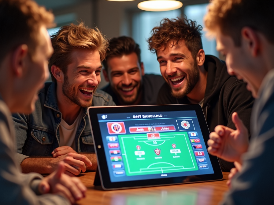 Eine Gruppe von Fußballfans sitzt um einen Tisch herum und diskutiert angeregt über Spielergebnisse und Prognosen. Sie verwenden ein großes Tablet, auf dem die Tabelle der Bundesliga angezeigt wird, mit leuchtenden Mannschaftsfarben und animierten Grafiken, die die Szene bereichern. Die Atmosphäre ist energiegeladen und positiv, die Fans lächeln und gestikulieren lebhaft.